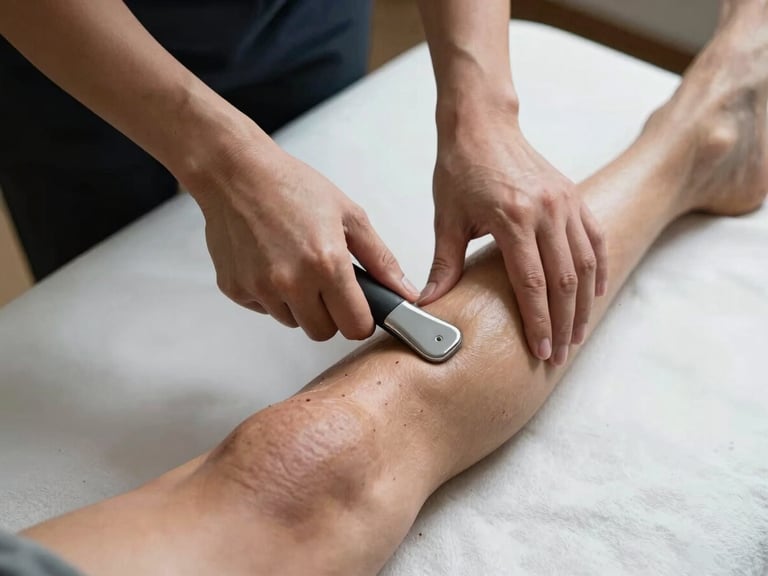 Close overhead shot of a therapist's hands applying IASTM tool along an athlete's calf muscle on a treatment table, bright directional studio light from above, clinical detail of instrument angle and tissue contact, no faces visible, stark white table surface