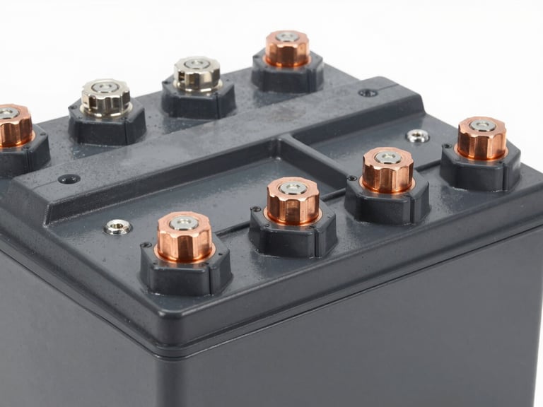 Close-up of large, heavy-duty industrial battery bank with thick copper terminals, clean bright daylight, high-contrast technical details, deep grays and amber accents, 50mm lens