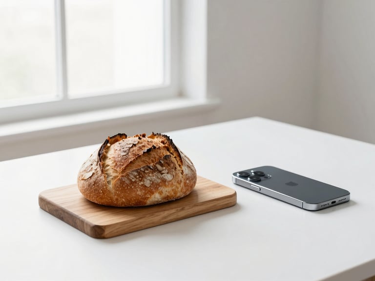 Minimalist clean workspace with a fresh loaf of sourdough bread on a wooden board next to a sleek modern smartphone, bright natural window light