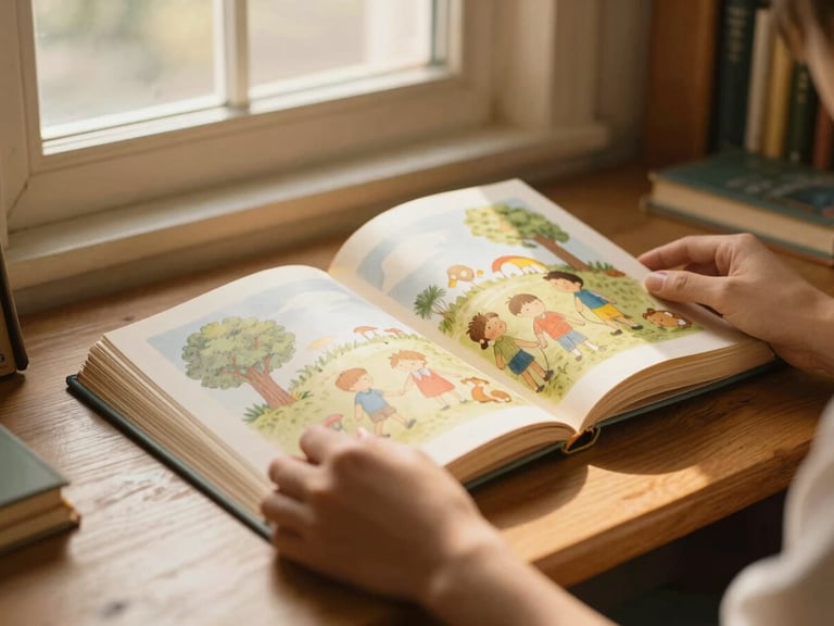 A close-up of hands holding open an illustrated children's book on a wooden library desk, warm golden-hour window light, soft nostalgic tones