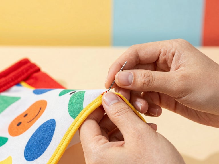 Close-up of hands carefully hand-stitching a colorful fabric pattern for a pet garment, warm studio lighting, soft focus on the needle and thread