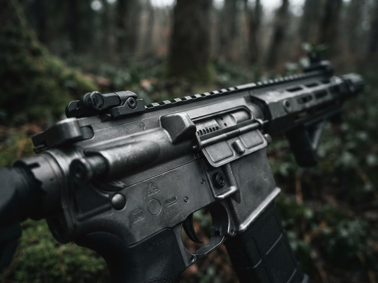 Close-up of a high-performance airsoft replica receiver, detailed metallic textures, moody overcast lighting, desaturated forest background, shallow depth of field, wide aspect.