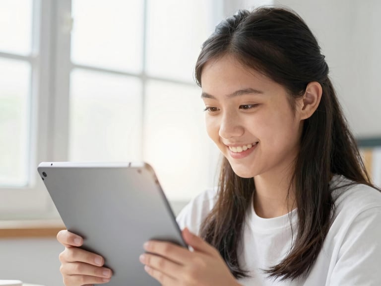 A teenage student smiling in front of a tablet with soft screen glow on her face, bright natural background