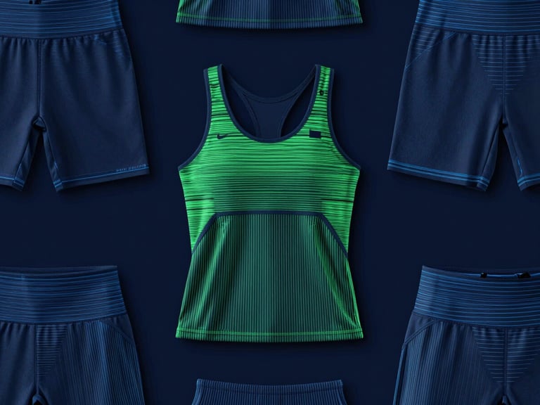 Technical flat lay of athletic apparel patterns with digital overlay lines, glowing green and steel blue vectors, dark navy background, highly detailed, 35mm