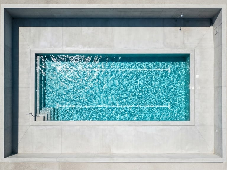 Top-down architectural shot of a minimalist rectangular swimming pool, bright midday sun reflecting off sparkling turquoise water, sharp geometric concrete lines, 35mm lens