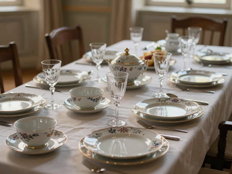 Gros plan sur une table de banquet dressée dans un château normand, vaisselle en porcelaine fine, verres en cristal captant une lumière ciselée et douce, détails de lin brut.