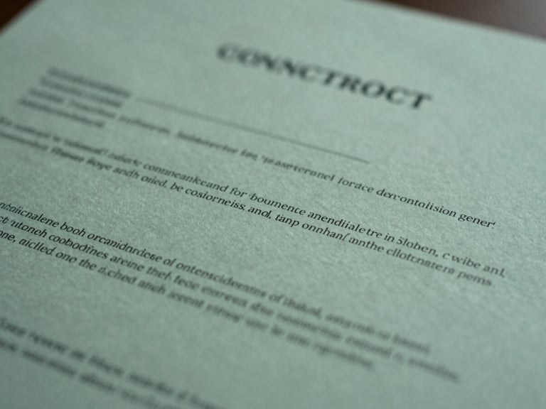 Tight macro detail of a high-quality printed commercial contract on a heavy paper stock, soft overcast British daylight, muted forest green tones, editorial film photography.
