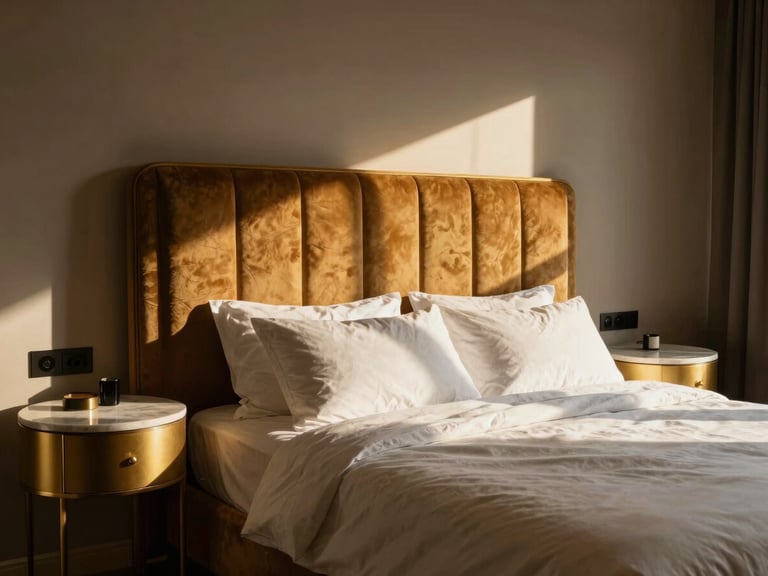 A hotel-grade master bedroom sanctuary, dramatic warm lighting, plush velvet headboard, gold accents, marble side tables, soft shadows