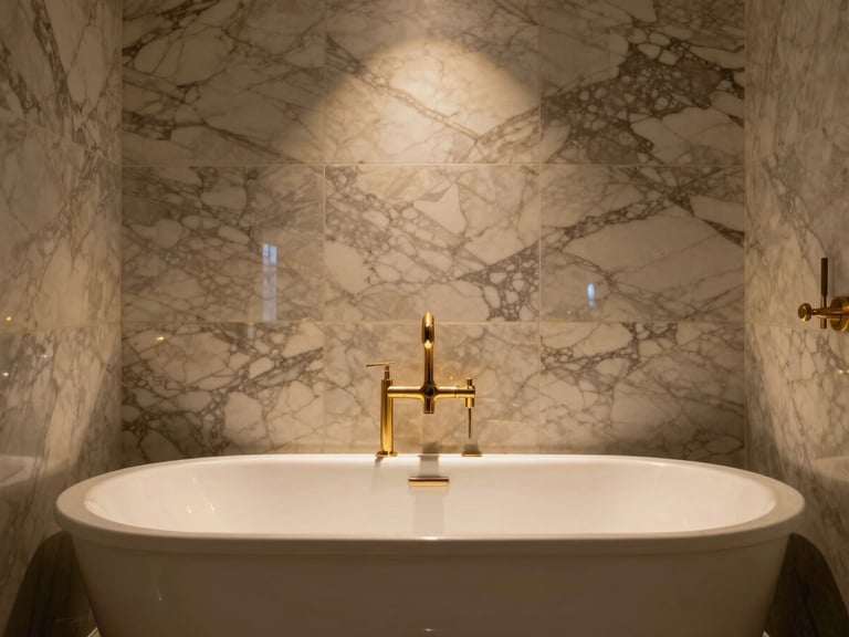 A lavish master bathroom sanctuary, polished bookmatched Calacatta marble walls, brushed gold fixtures, deep freestanding tub under soft warm glow