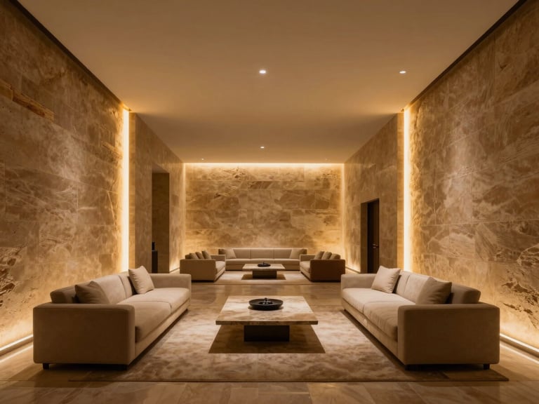 An expansive double-height living hall in Riyadh, warm architectural cove lighting, limestone walls, minimalist luxury furniture