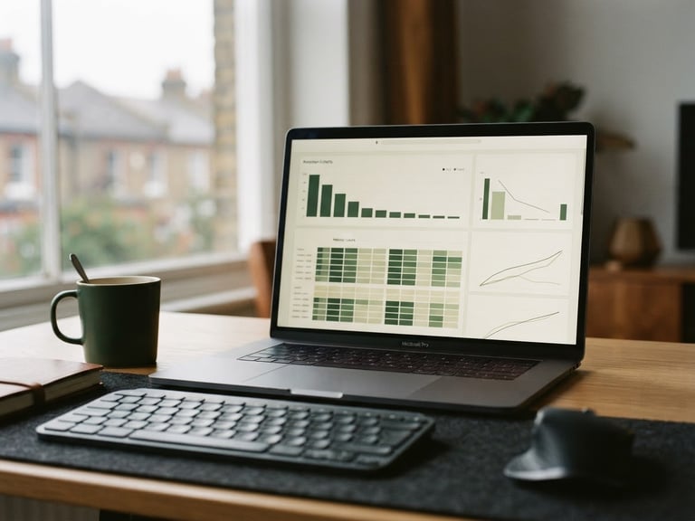 Clean desktop setup with analytical dashboards showing retention cohorts, natural overcast London daylight, soft shadows, macro detail, shallow depth of field.