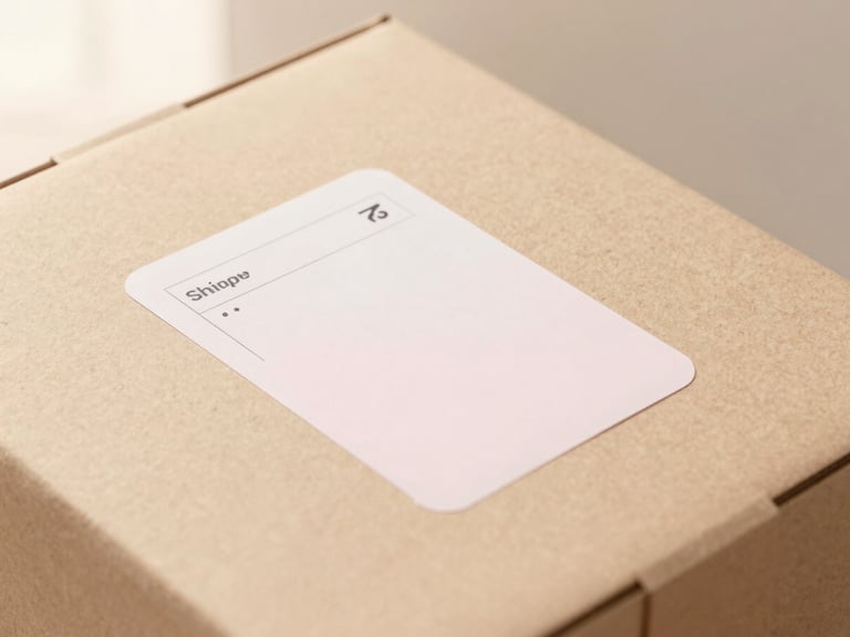 Stylized package with a shipping label on a warm beige surface, soft morning daylight, minimalist composition.