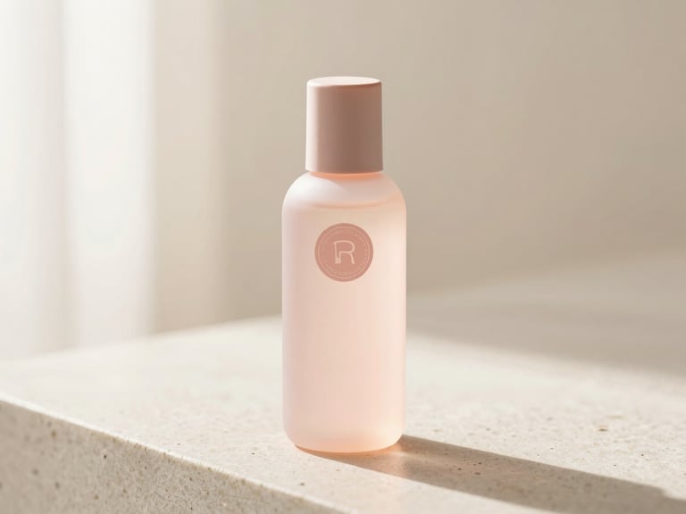 Clean product bottle with an authenticity seal on a smooth stone surface, soft morning daylight, shallow depth of field.