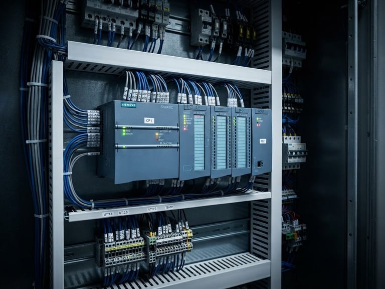Macro shot of a clean Siemens PLC cabinet with organized blue and gray wiring, industrial labeling, glowing status LEDs, sharp high-contrast technical lighting