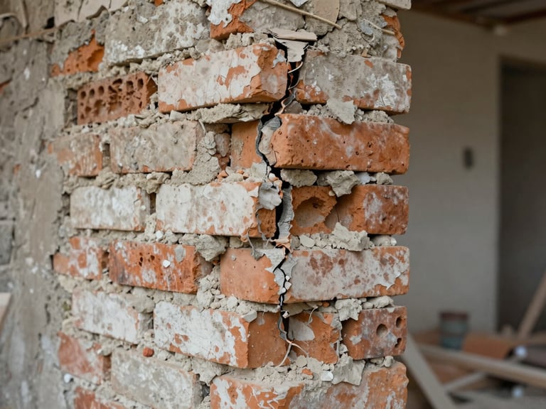 Overcast daylight, detail shot of cracked mortar joint between aged bricks during active renovation, surrounding masonry partially exposed, dust and loose material visible, documentary framing, no people, no staged props