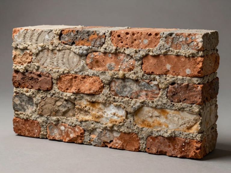 Controlled studio-adjacent lighting, close-up cross-section of a masonry wall core sample laid on a neutral surface, layers of brick and mortar clearly visible, moisture discoloration visible in lower layers, no hands or tools in frame