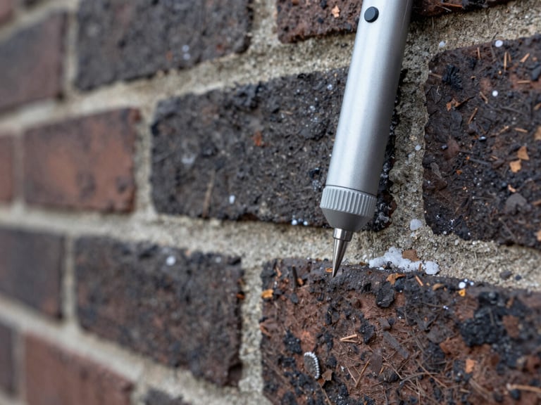 Extreme close-up, wide panoramic frame — a professional moisture meter probe pressed against a dark-stained brick wall surface, overcast north-facing daylight, salt efflorescence crystals visible in the background mortar joints, shallow depth of field isolating the instrument tip against the degraded masonry, no human face, no styled staging
