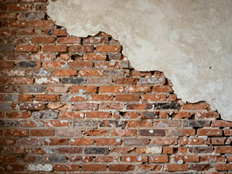 Extreme close-up, wide panoramic frame — a professional moisture meter probe pressed against a dark-stained brick wall surface, overcast north-facing daylight, salt efflorescence crystals visible in the background mortar joints, shallow depth of field isolating the instrument tip against the degraded masonry, no human face, no styled staging
