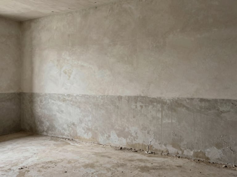 North-facing diffuse daylight, wide shot of a basement or ground-floor interior wall where visible moisture rise meets dry upper masonry, clear horizontal boundary between wet and dry zones, no people, raw unfinished surfaces, documentary framing