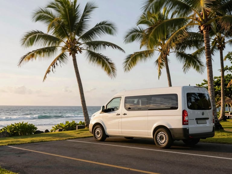 Clean modern family van parked near a scenic tropical coastal road, ocean in the background, soft morning light