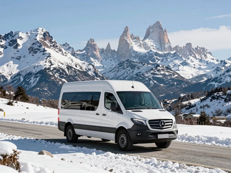 Wide shot of a modern white Mercedes Sprinter passenger van parked on a snow-covered mountain road in San Carlos de Bariloche, majestic snow-capped peaks of Cerro Catedral in the background, bright crisp alpine daylight