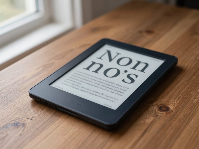 Elegant editorial photography of a modern e-reader displaying clean typography on a wooden desk, soft natural morning window light, warm bronze tones, minimalist styling, high angle flatlay.