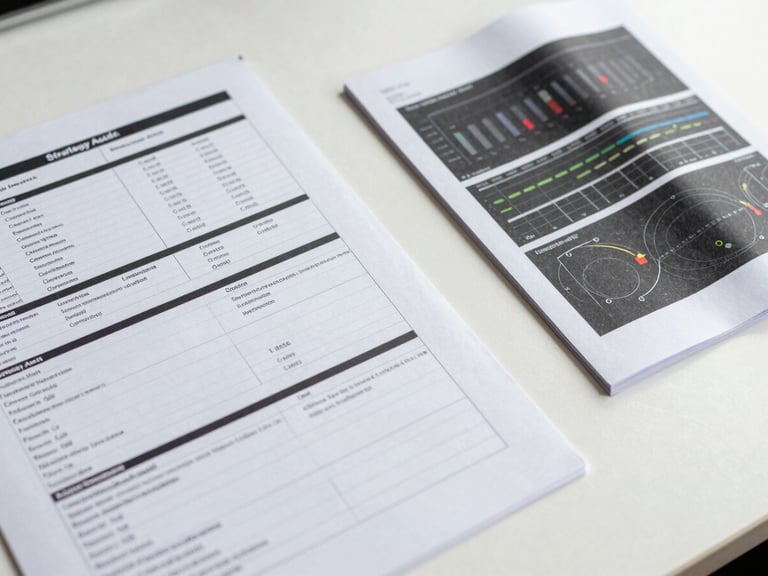 Close-up overhead of a strategy audit document spread on a white desk, digital channel printout beside a print brochure mockup, annotations visible, north-light, clean and documentary
