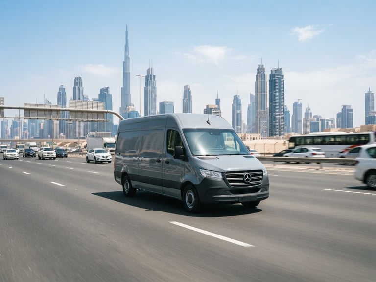 A clean grey service van driving on a modern Dubai highway at midday, bright desert light, sharp focus, 35mm