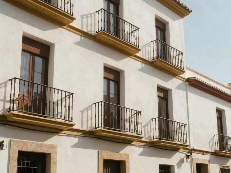 A sun-drenched Spanish balcony overlooking a quiet historic street, warm afternoon light, editorial architecture photography.