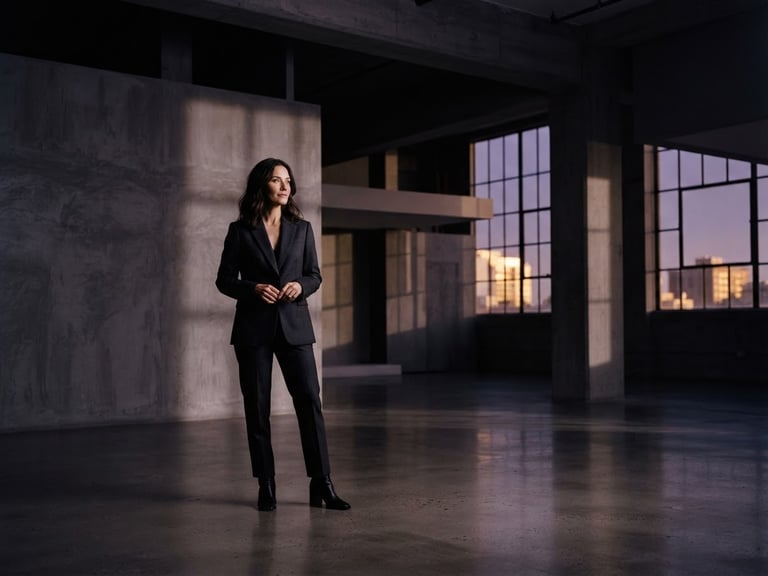 Wide shot of a confident woman in a modern, minimalist studio, surrounded by architectural shadows, low-key dramatic lighting, soft purple and warm golden hour tones, cinematic dark editorial photography, 35mm lens.