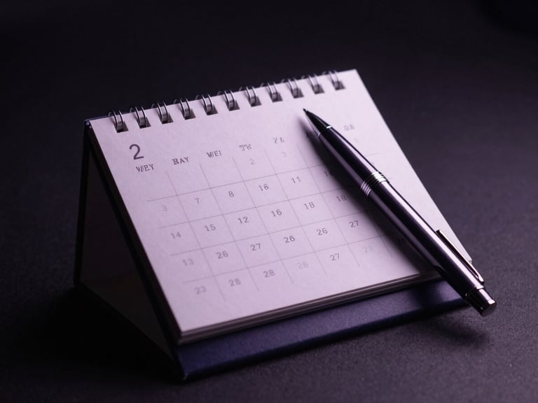 Elegant desk calendar with a luxury pen, soft cinematic lighting, deep charcoal tones, high contrast