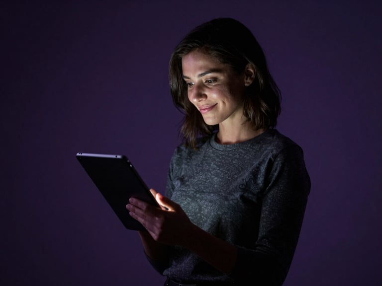 Confident woman in a tasteful studio environment, looking at a tablet with a subtle smile, high-contrast chiaroscuro lighting.