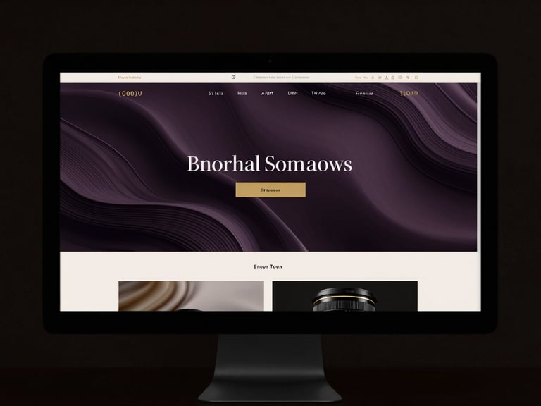 Stylized website wireframe on a monitor, reflecting a luxurious, modern design, subtle gold accents, cinematic dark