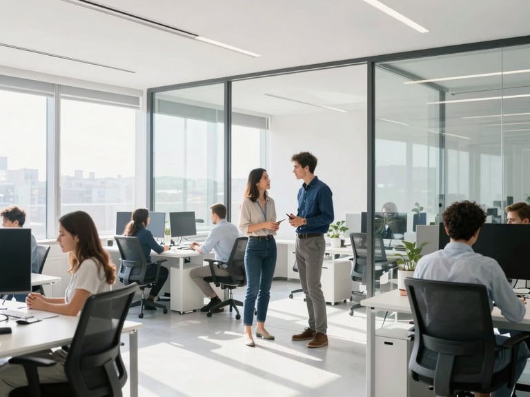 Bright sunlit modern workspace with clean lines, professional team members talking in a collaborative glass-walled office, high-key natural daylight, 35mm