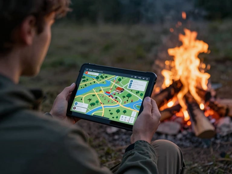 Over-the-shoulder shot of a traveler sitting by a campfire looking at an interactive campsite map on a tablet during twilight.