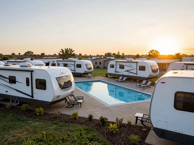 High-angle wide shot of a modern RV resort with a swimming pool and landscaped sites at sunset, clean layout framing.