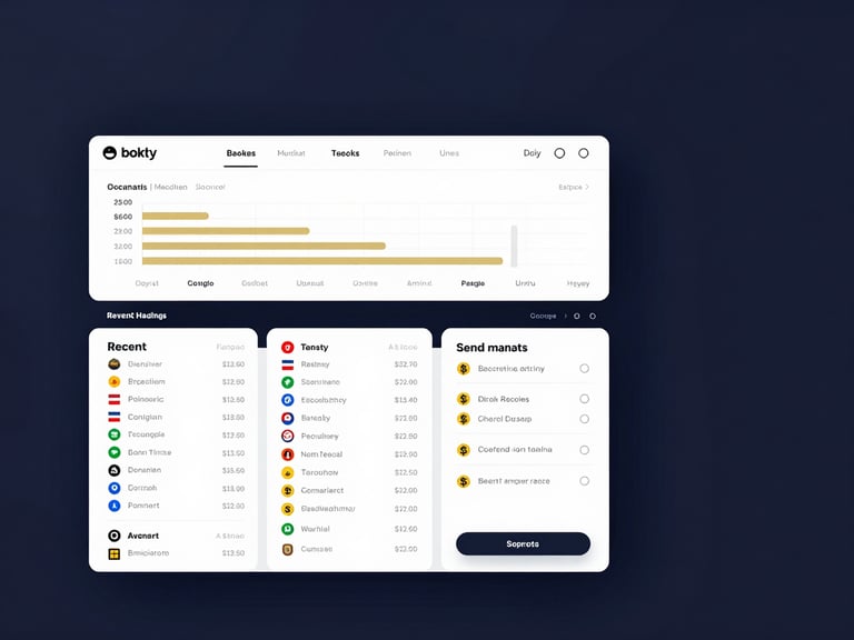 Full-screen banking dashboard interface on a dark navy background, showing account balance at top, a horizontal bar analytics chart in soft gold and white, a recent transactions list with currency flags, a crypto holdings widget, and a send-money panel, shot straight-on as a tight screen capture, studio lighting, no device frame