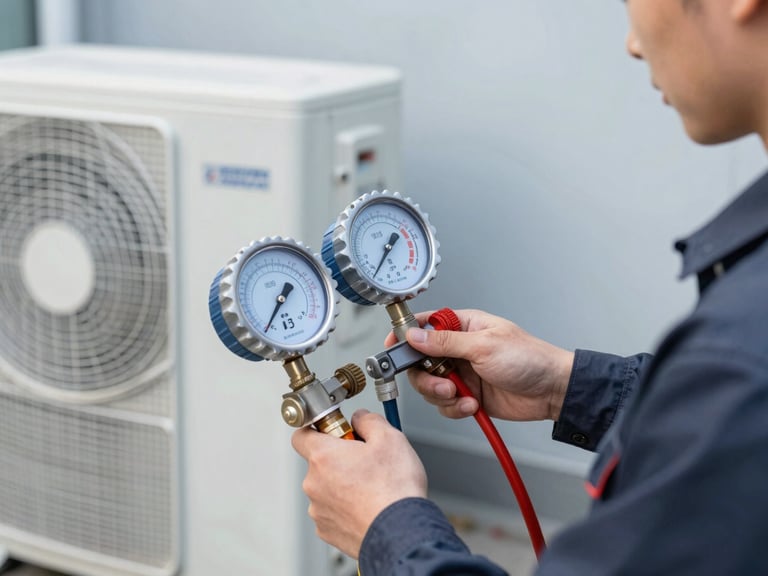 Close-up of a professional technician in a clean dark uniform using a digital manifold gauge to check refrigerant pressure on an outdoor AC compressor unit, bright daylight with cool blue undertones, sharp focus, 35mm