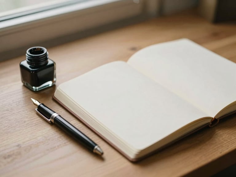 A quiet writing desk with an open inkwell, a fountain pen, and a blank notebook resting on a warm wooden surface under soft window daylight