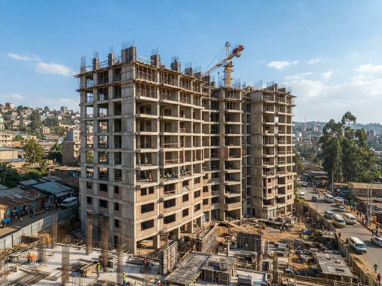 Wide environmental shot of a modern multi-story residential building under construction in Addis Ababa, bright natural daylight, structural concrete columns visible, professional architectural photography