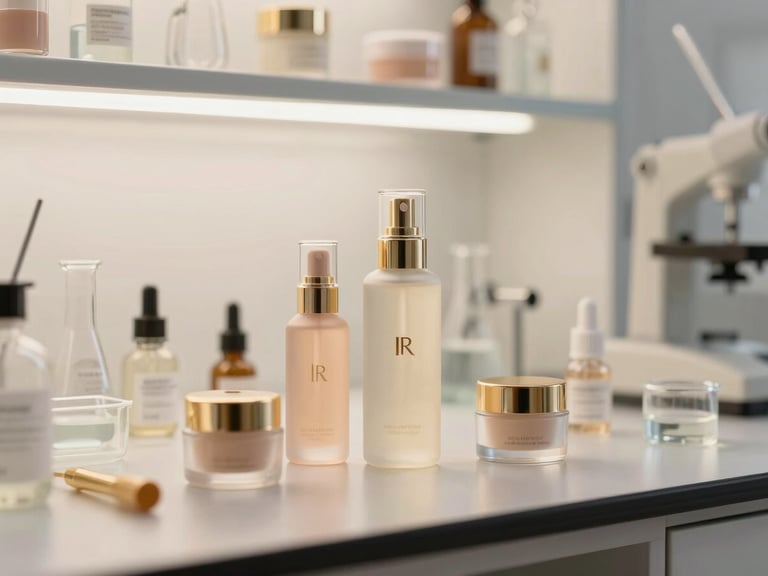 A clean, state-of-the-art cosmetics laboratory with pristine glass equipment and soft golden lighting, premium beauty product photography