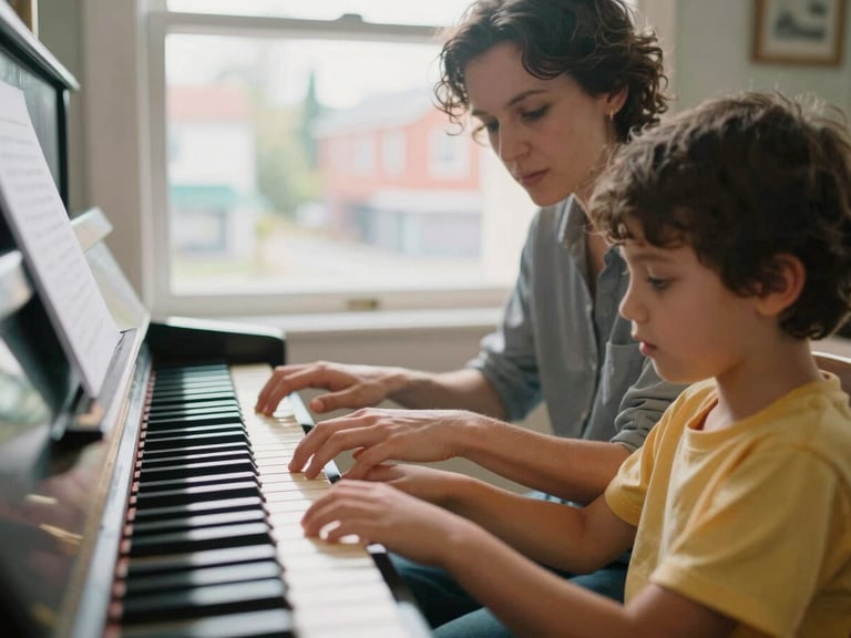 A music instructor patiently guiding a child's hands on a piano keyboard, soft afternoon light streaming through a window, 35mm.