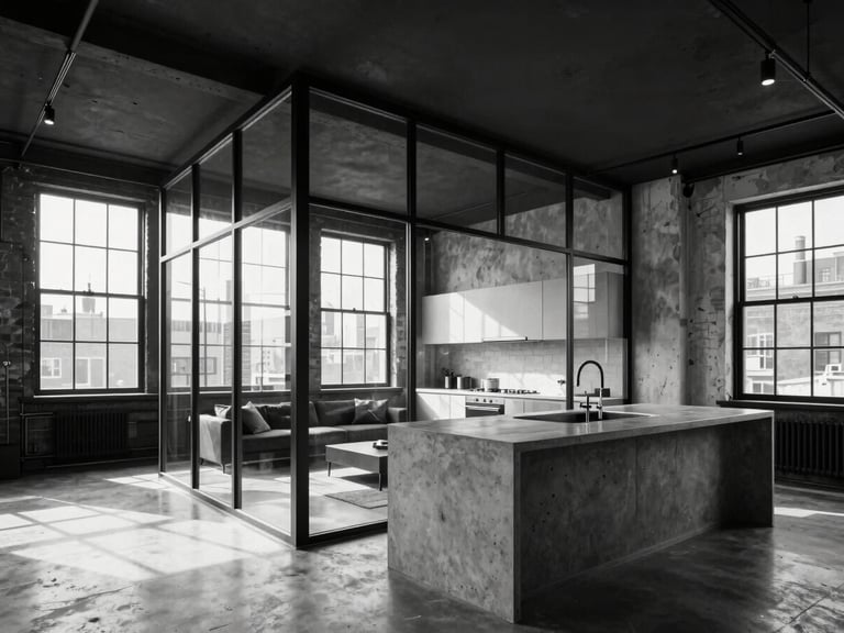 Modern Brooklyn loft interior, custom steel-framed glass partition separating living areas, large concrete kitchen island, high-contrast natural light from industrial windows.