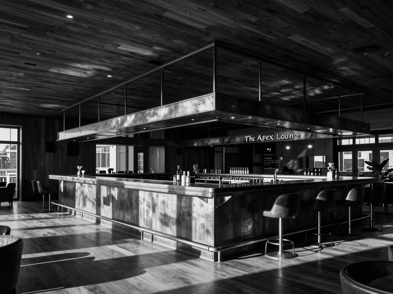 Interior of 'The Apex Lounge', showcasing a suspended raw steel bar structure with integrated lighting, custom wood ceiling, and atmospheric shadows, wide-angle.
