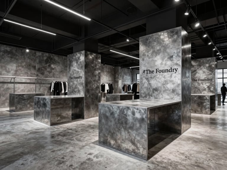 Interior shot of 'The Foundry' retail store, featuring custom raw steel display units, polished concrete floors, and dramatic overhead lighting, architectural perspective.