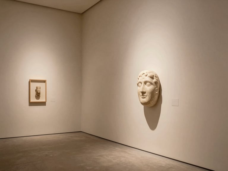 Art gallery interior with seamless plaster walls, indirect warm lighting highlighting a stone sculpture, deep soft shadows, architectural lighting design