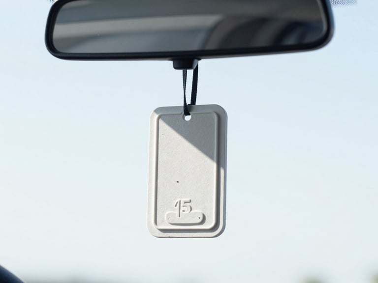 Close-up of a generic car air freshener hanging from a rearview mirror, slightly blurred, in dim interior light, evoking a temporary solution. Blue and white tones are intentionally muted here.
