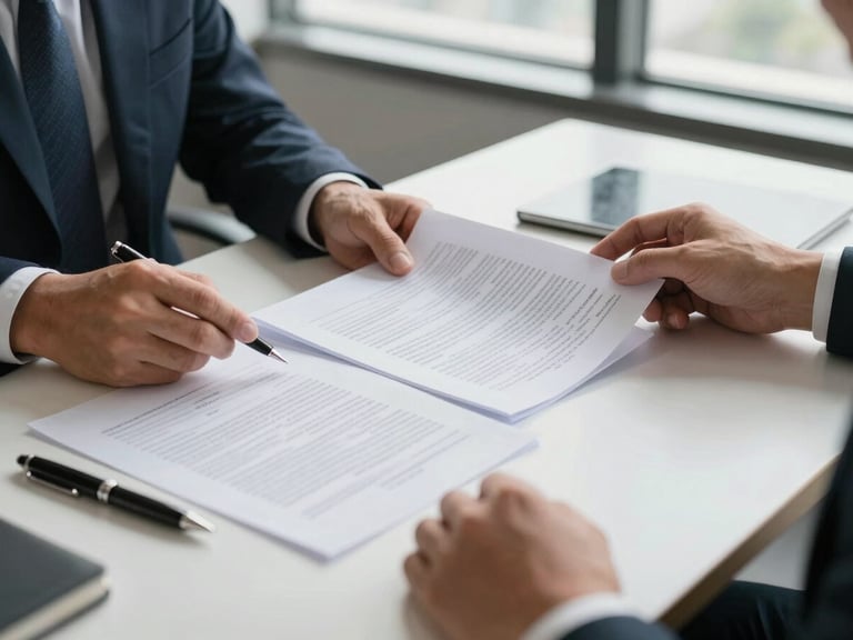 Close environmental shot of a real estate professional's desk, hands reviewing printed documents and a legal file, natural daylight from an office window illuminating the papers, pen resting beside a stamped form