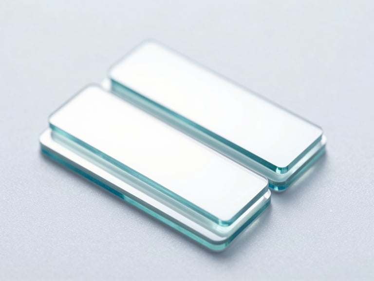 Macro close-up of pristine microscope cover slips catching bright clinical light, showing flawless glass edges stacked in a cleanroom environment, high-key studio lighting, blue and white tones.