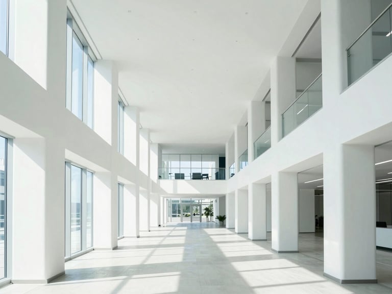 Bright architectural photography of a modern high-key office interior flooded with daylight, clean straight-on lines, 35mm lens